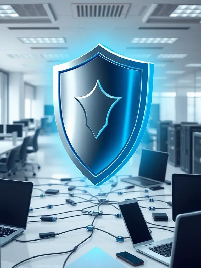 A digital illustration depicting a shield protecting a network of interconnected devices, symbolizing reduced cyber risk through managed security services.