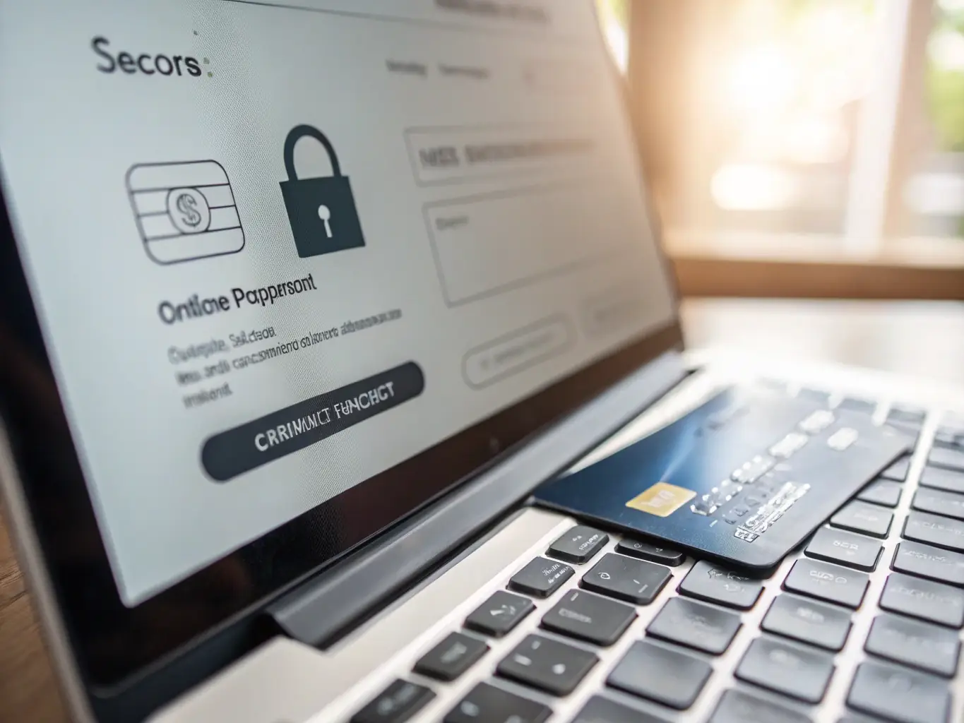 A digital illustration depicting a secure payment gateway with a lock icon, symbolizing secure online transactions for an eCommerce platform, set against a backdrop of retail store icons.