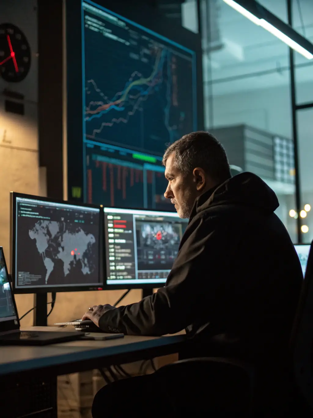 A photograph of a security operations center (SOC) with analysts monitoring screens displaying real-time threat data and network activity, illustrating continuous monitoring and rapid response capabilities.