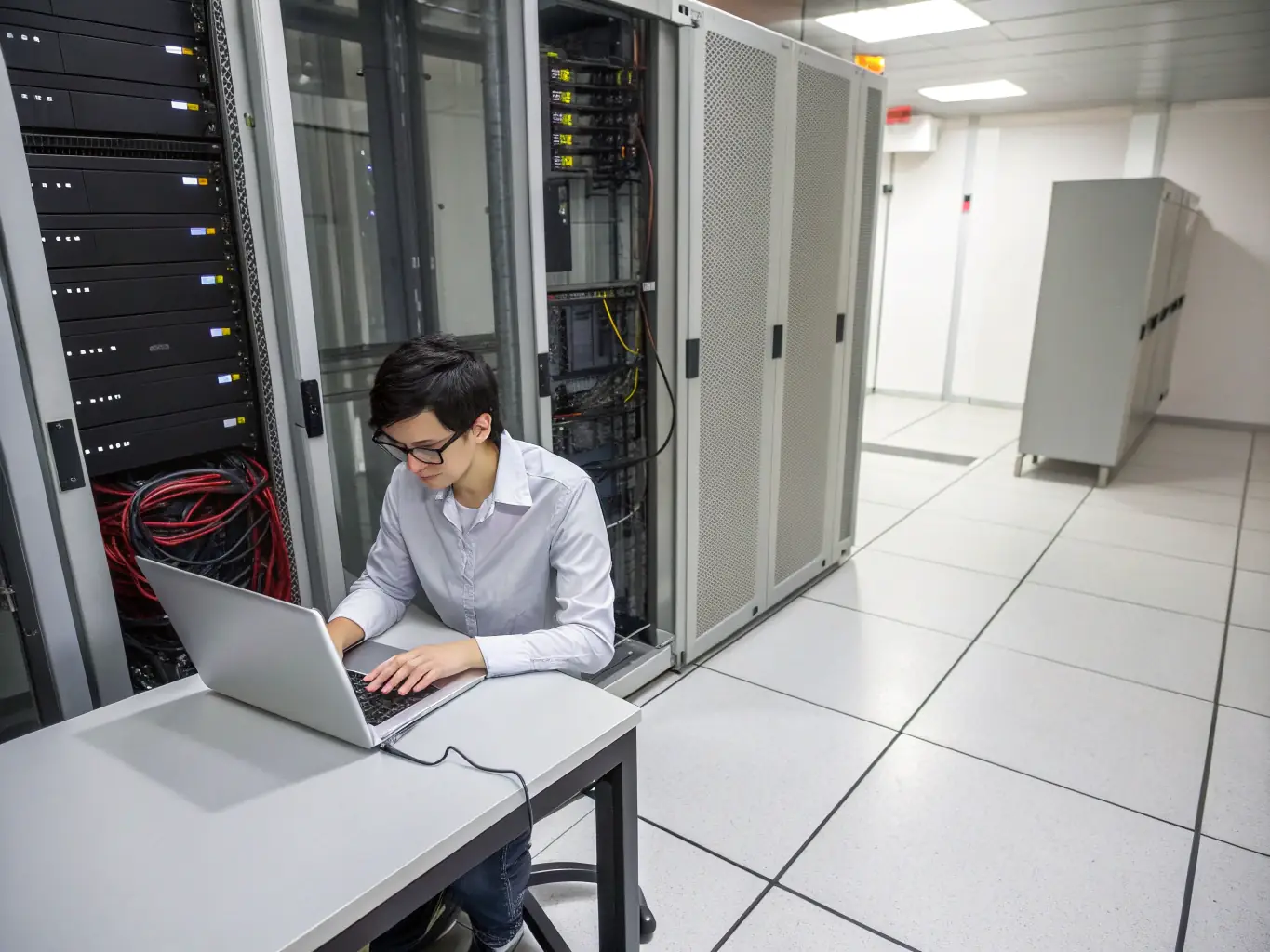 An IT specialist performing routine maintenance on a server rack in a data center, ensuring optimal performance and security.
