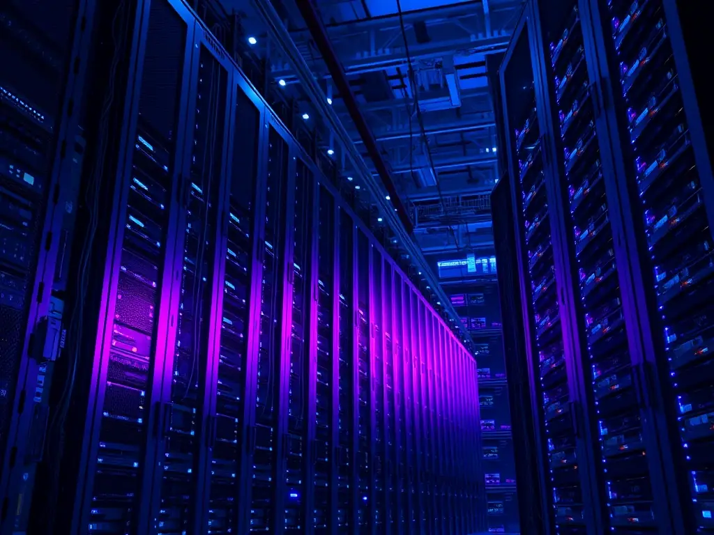 A secure data center with rows of servers, symbolizing Nozhian's commitment to data security and reliable IT infrastructure.