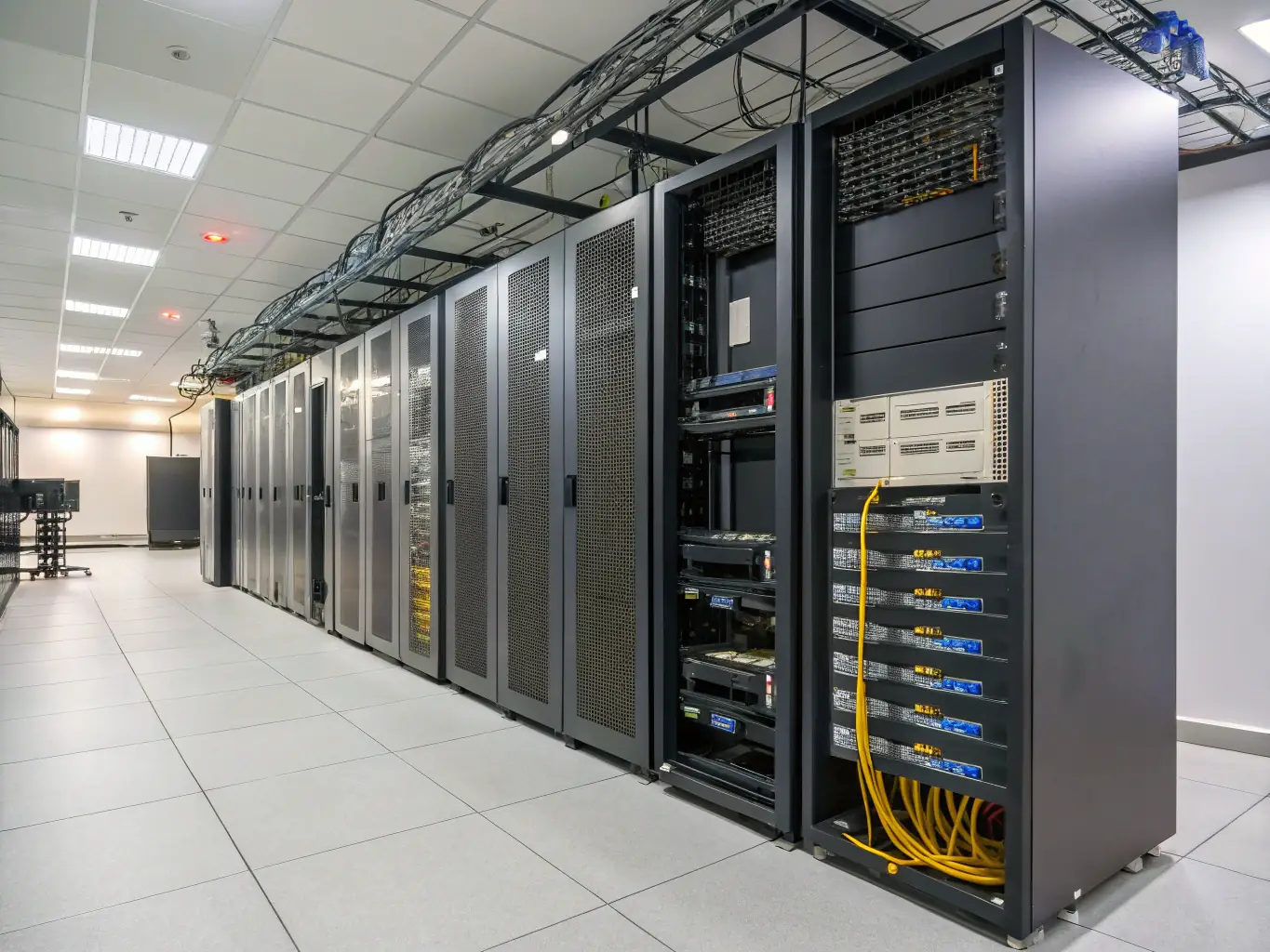 An image depicting a well-organized server room with blinking lights, representing Nozhian's network and infrastructure management capabilities.