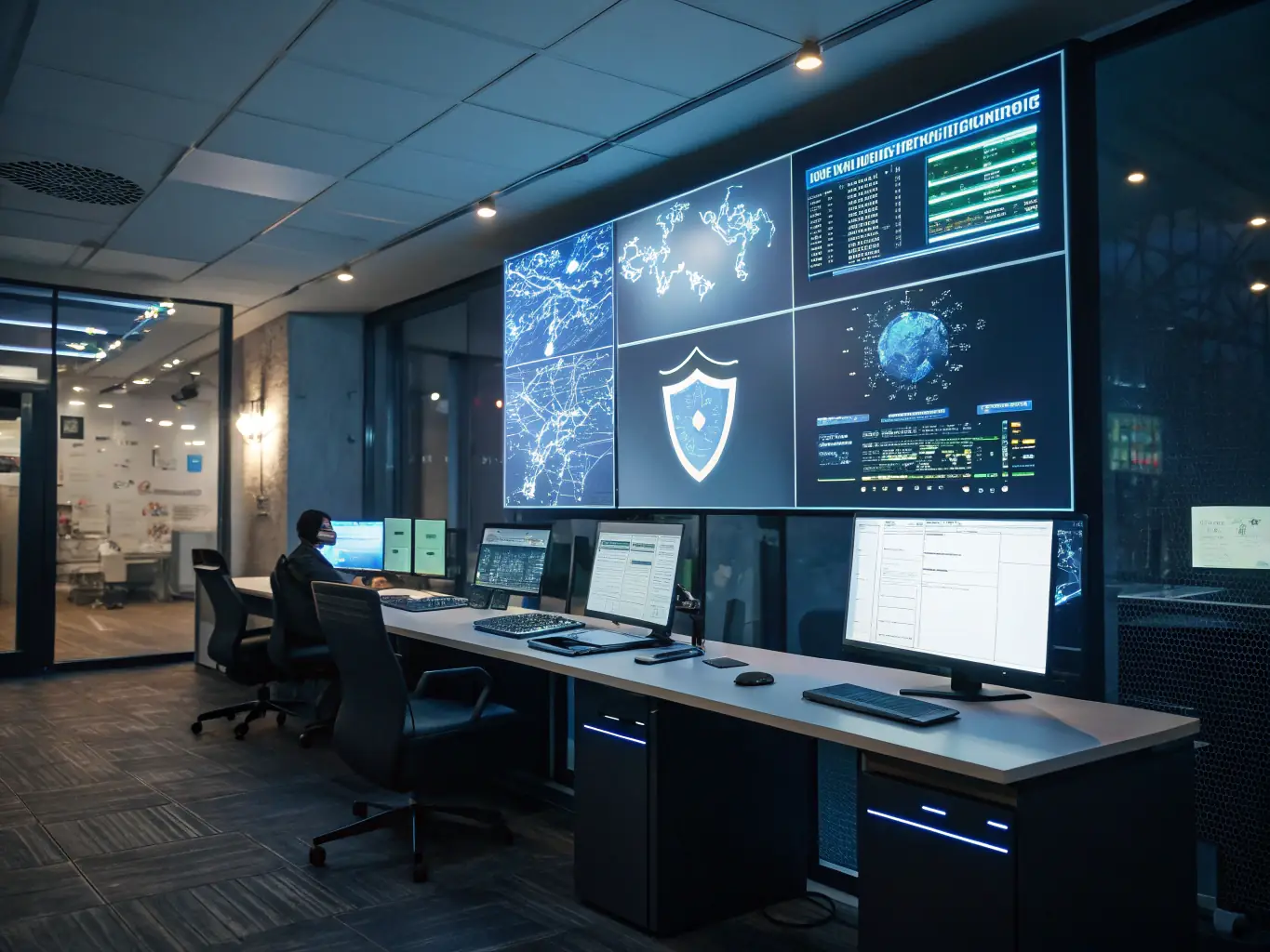 A secure network diagram with firewalls and intrusion detection systems, representing cybersecurity measures for a manufacturing network.
