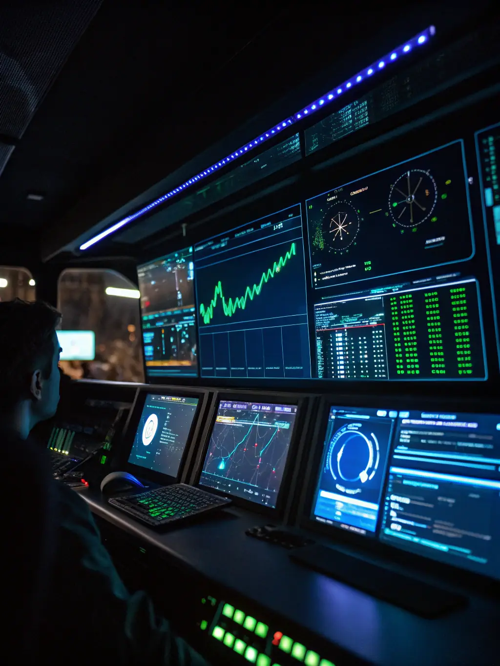 An illustration of a dashboard displaying real-time performance metrics and security alerts from a manufacturing control system. The dashboard should show continuous monitoring and anomaly detection.