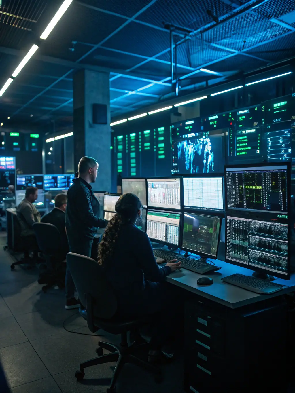 A network operations center (NOC) with multiple screens displaying network performance metrics and alerts, showcasing Nozhian's network monitoring capabilities.