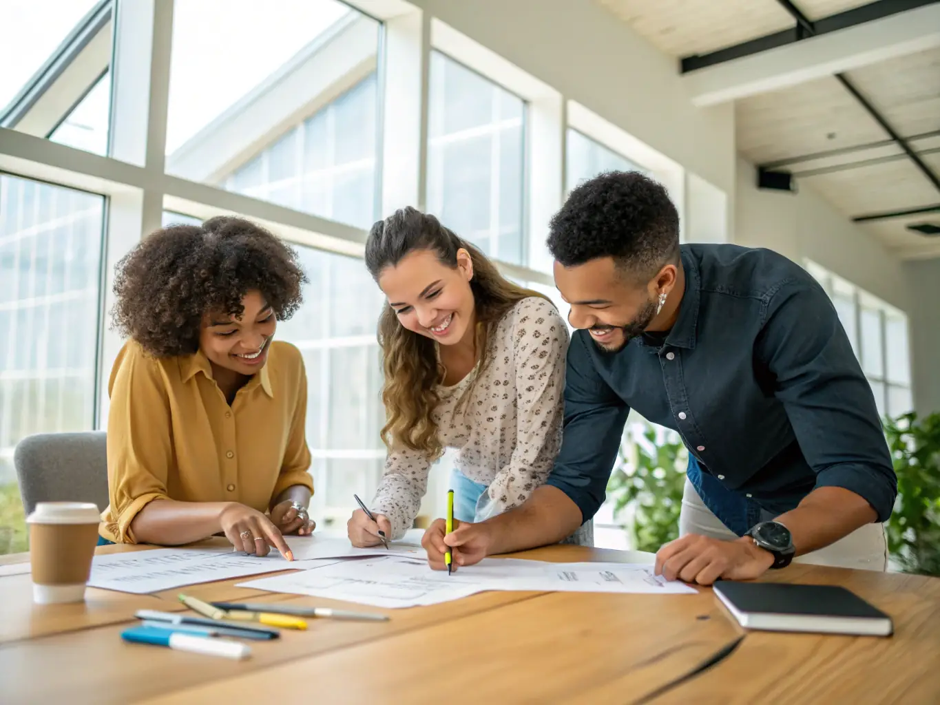 A professional office setting with employees collaborating around a table, representing small to mid-sized businesses benefiting from IT consulting.
