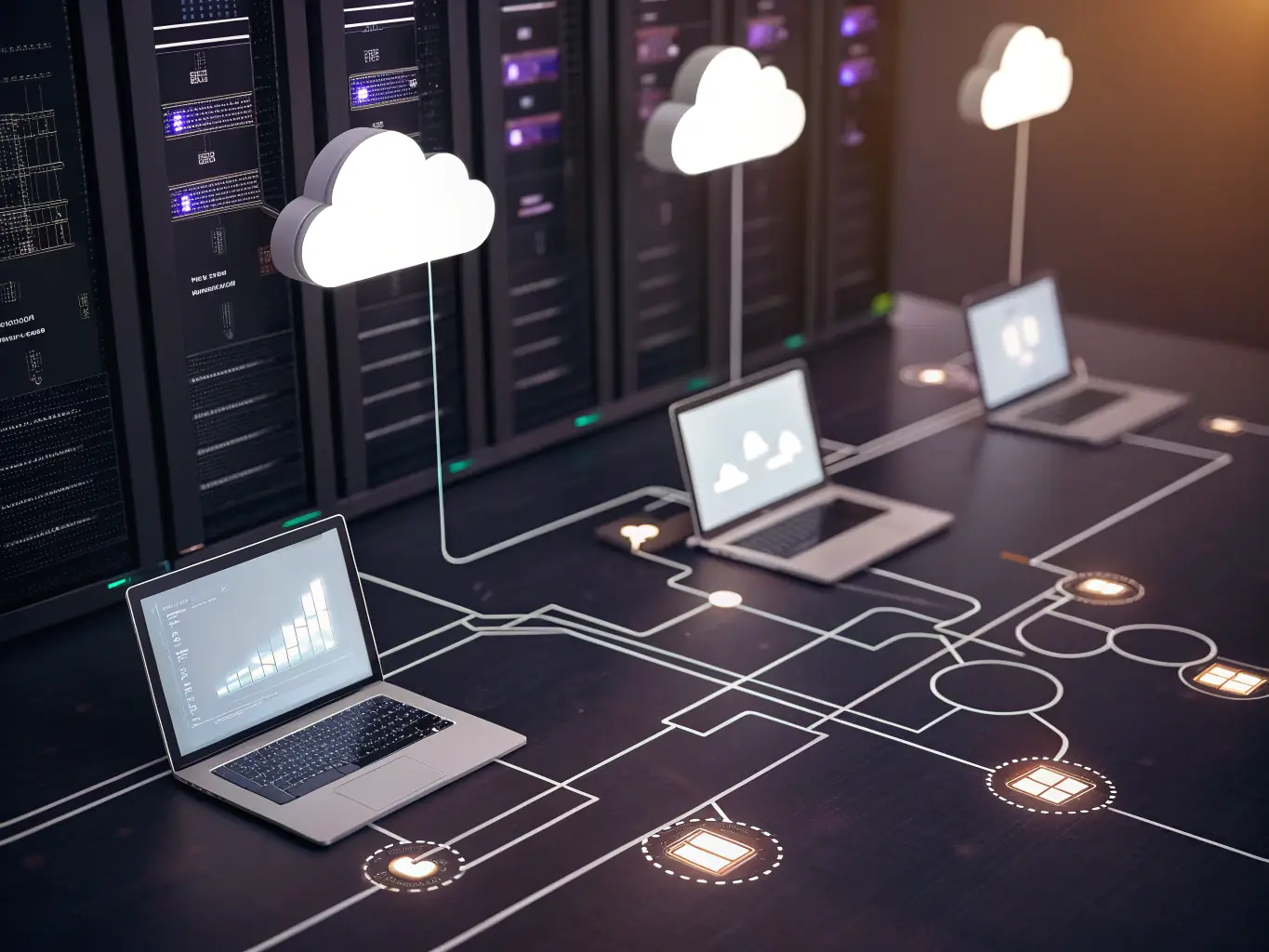 A visual representation of cloud computing, showing data flowing between devices and a central cloud server, representing Nozhian's cloud platform management.