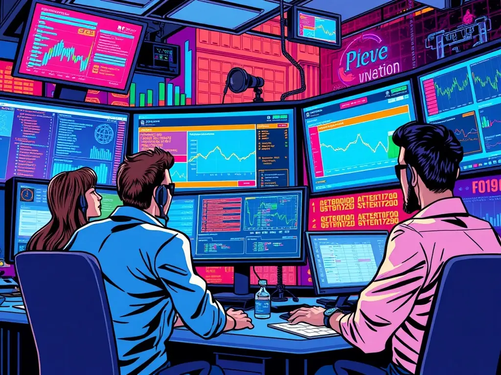A team of IT professionals collaborating on a complex network diagram, showcasing their expertise in network management and cybersecurity.