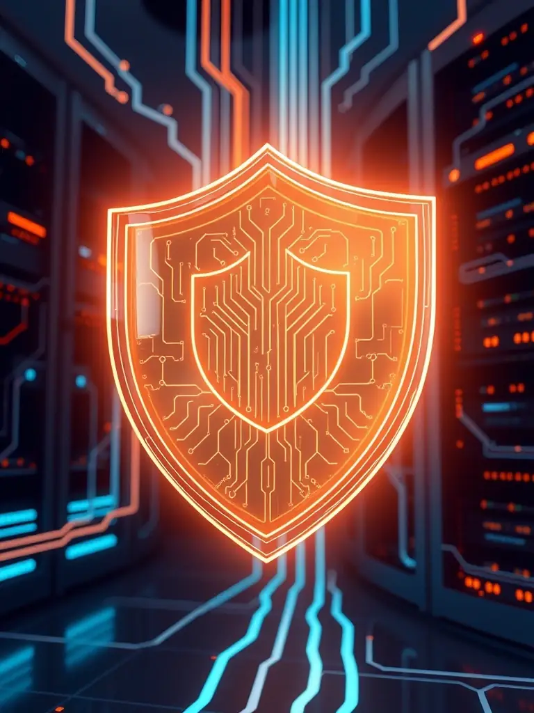 A digital illustration depicting a shield protecting a network of interconnected computers, symbolizing reduced risk and enhanced security for Nozhian's clients.