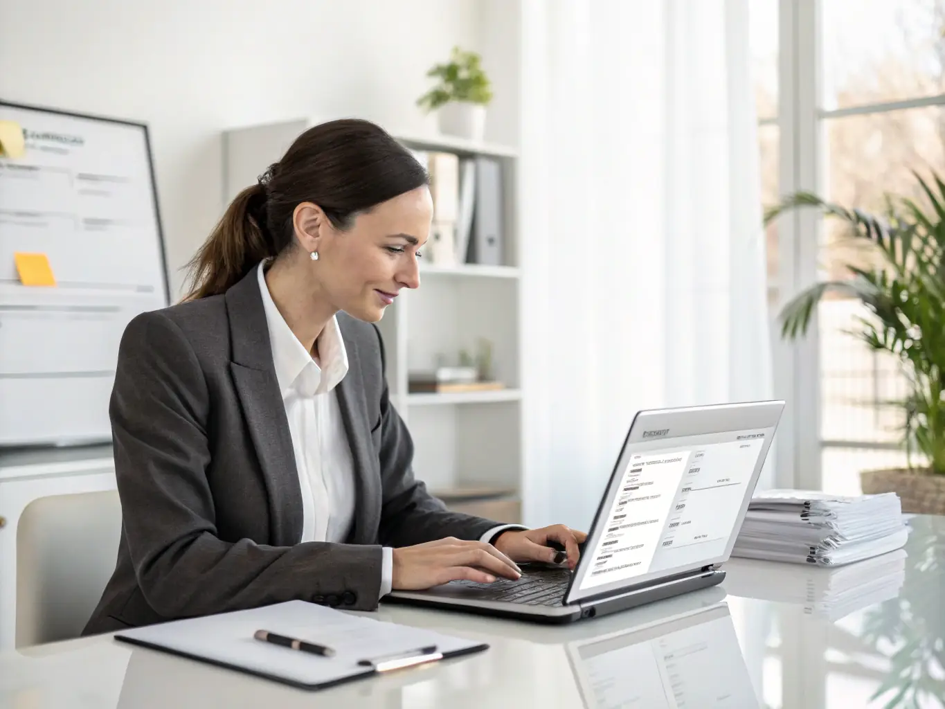 A person working remotely on a laptop with a secure connection icon, illustrating secure remote access for legal professionals.