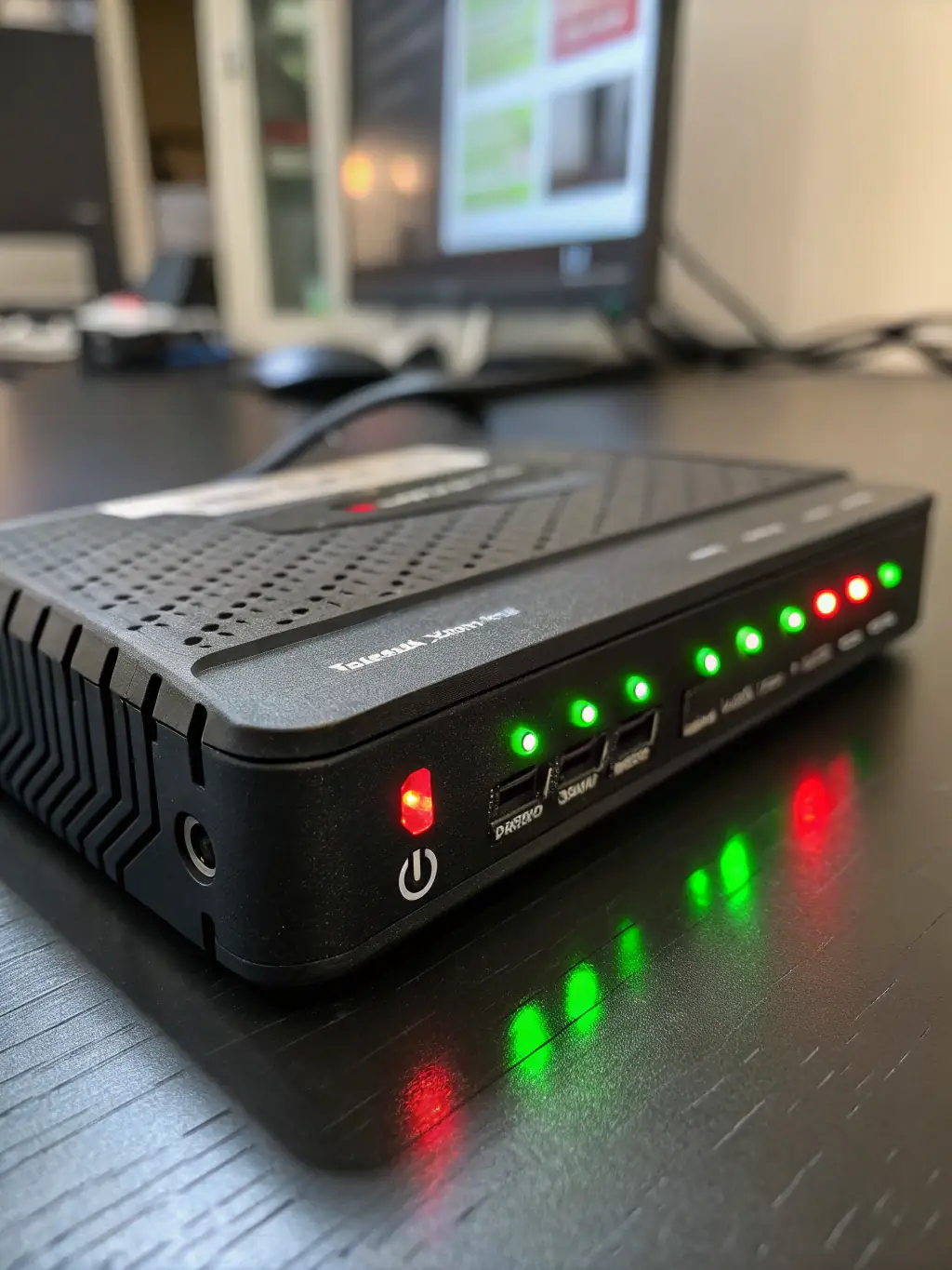 A firewall appliance with glowing LEDs, indicating robust network security and threat protection managed by Nozhian.