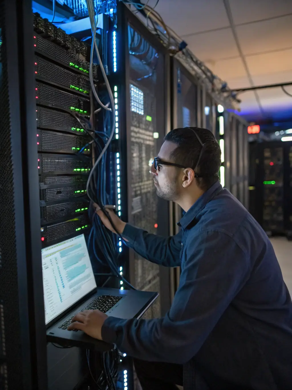 A professional photograph of a network engineer working diligently in a server room, focusing on the complex network infrastructure. The image should convey expertise and reliability.