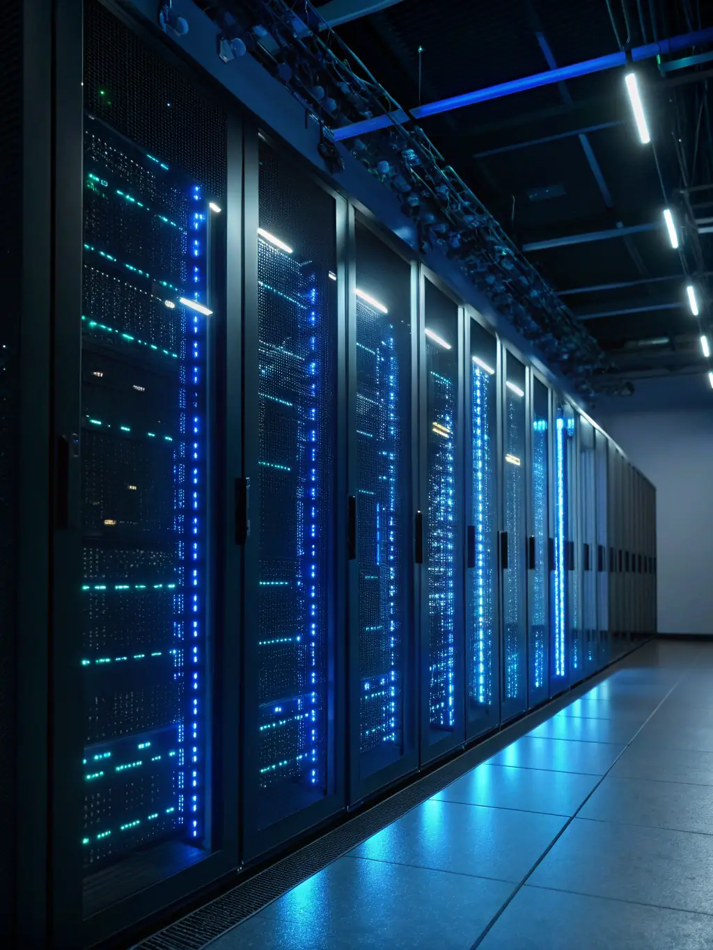 A secure server room with blinking lights, symbolizing the robust cybersecurity measures implemented by Nozhian to protect sensitive educational data.