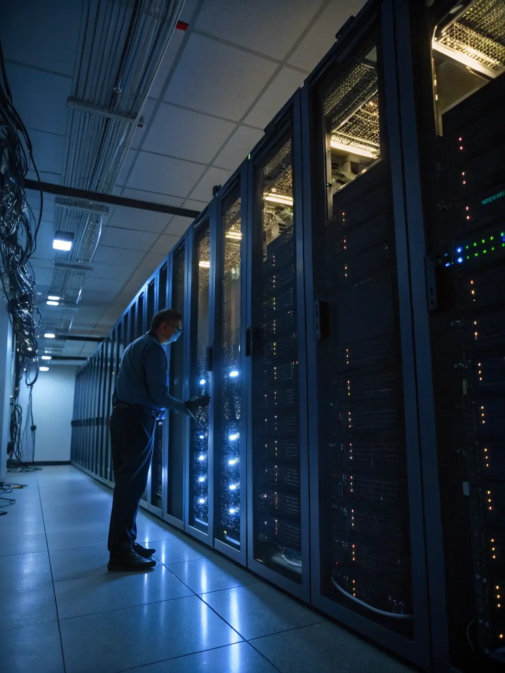 A professional photograph of a secure server room with glowing lights and visible security measures, symbolizing data confidentiality for a legal firm.