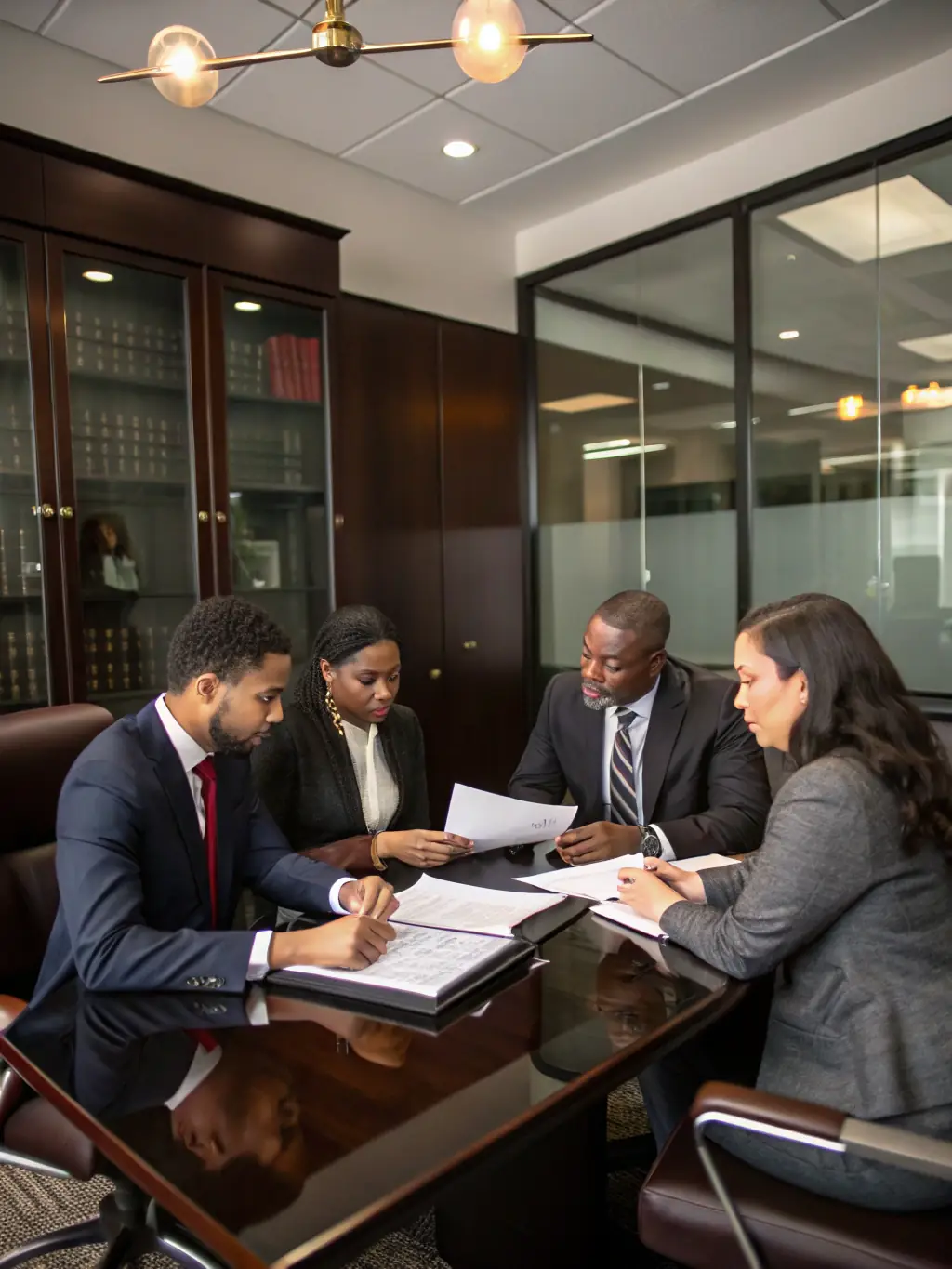 A professional image of a well-organized law firm, with lawyers working on computers and collaborating in a meeting room, symbolizing the legal industry.