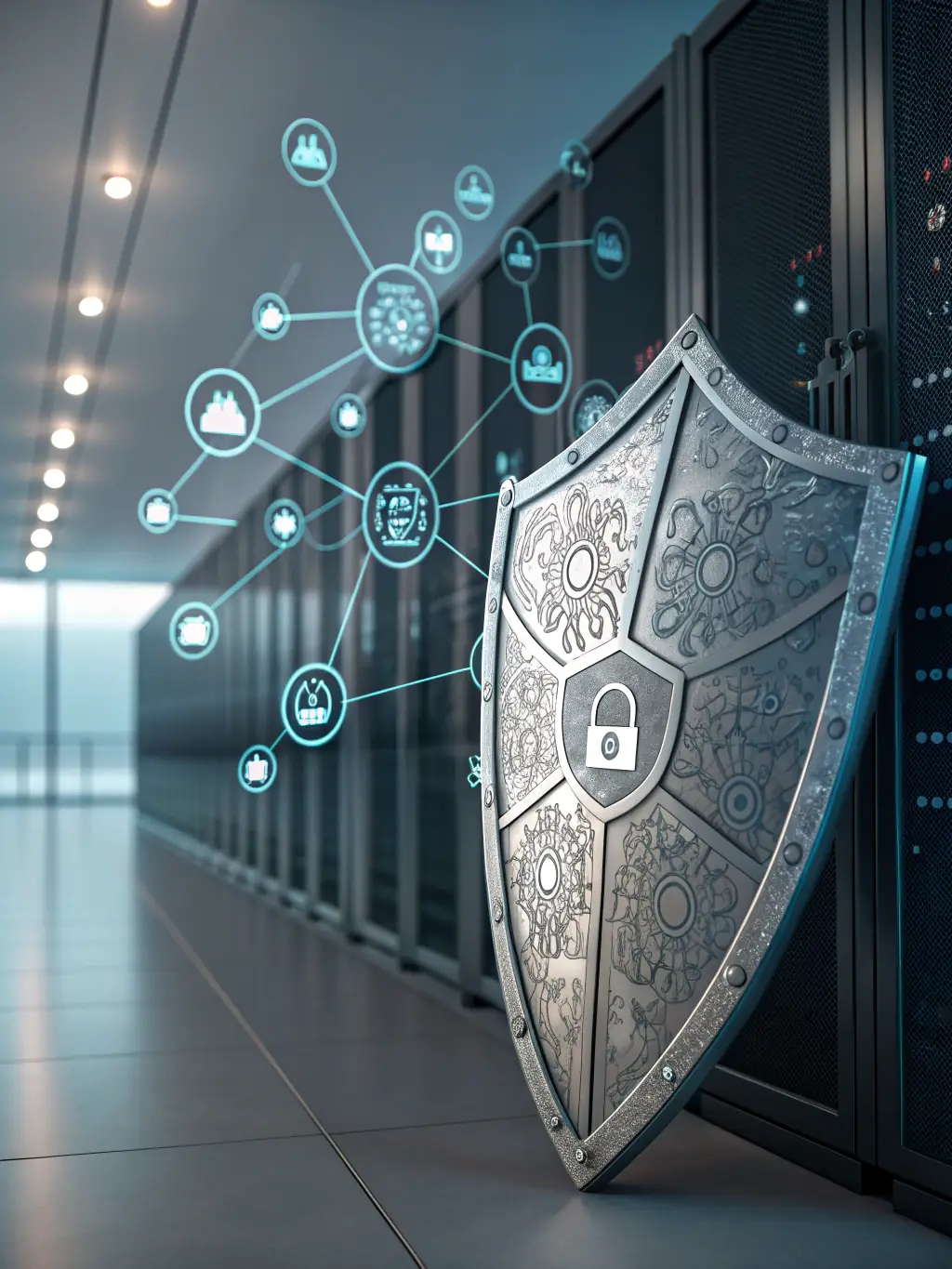 A digital shield icon over a network, symbolizing security enhancements provided by Nozhian.