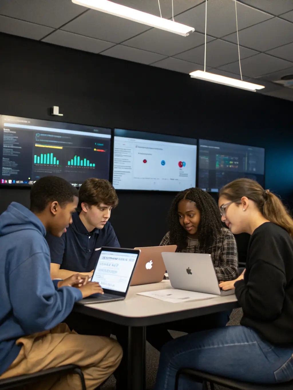 A diverse group of students collaborating on a project in a modern, well-equipped classroom, highlighting the benefits of reliable IT infrastructure for collaborative learning.