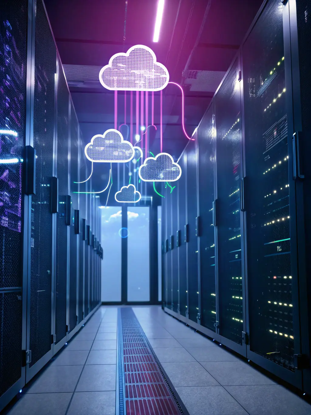 An abstract image representing cloud computing, with interconnected nodes and data streams, symbolizing accessibility and scalability.