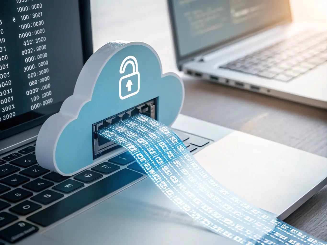 A graphic illustrating data encryption and secure data transfer, emphasizing the protection of transaction systems and customer data in a retail setting.