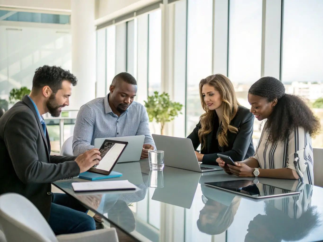 A professional photograph showcasing a team of IT specialists collaborating in a modern office environment, emphasizing Nozhian's managed IT services.