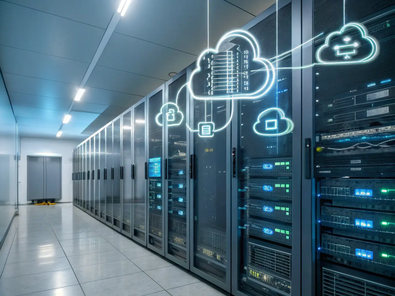 A graphic showing a cloud data center with servers and networking equipment, representing cloud and on-prem infrastructure.