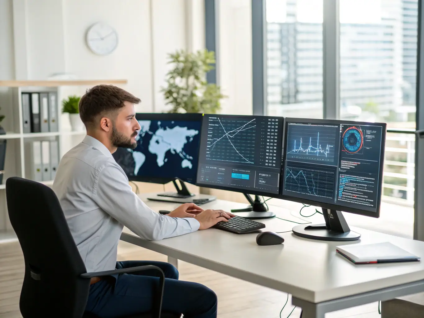 An image showing a secure network operations center with multiple screens displaying cybersecurity monitoring and threat detection systems.