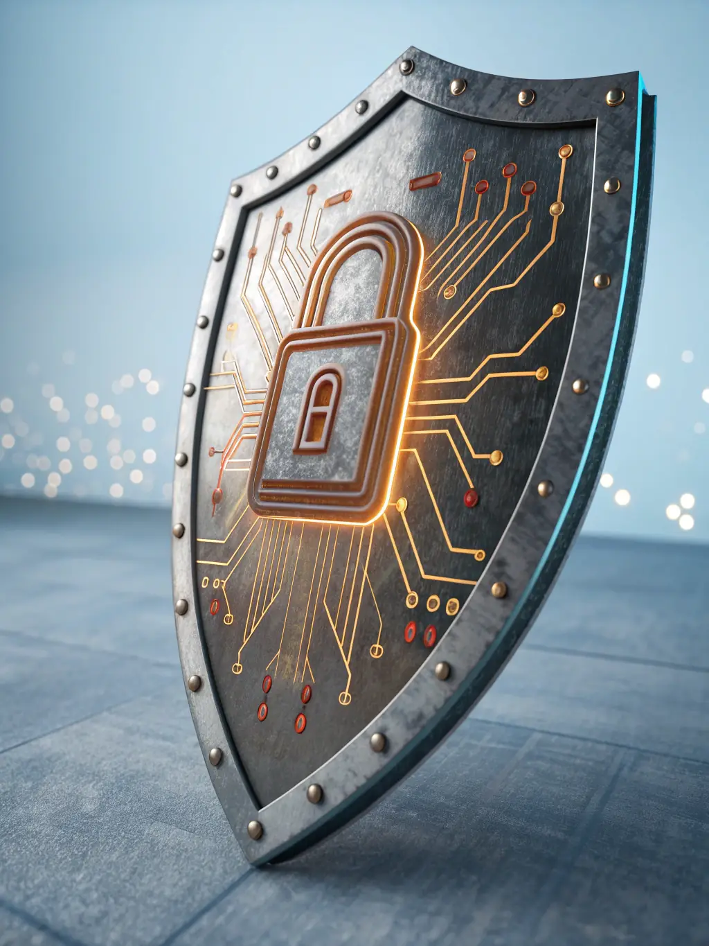 A digital illustration of a shield with a lock inside, representing Nozhian's comprehensive cybersecurity services protecting a network represented by interconnected nodes.
