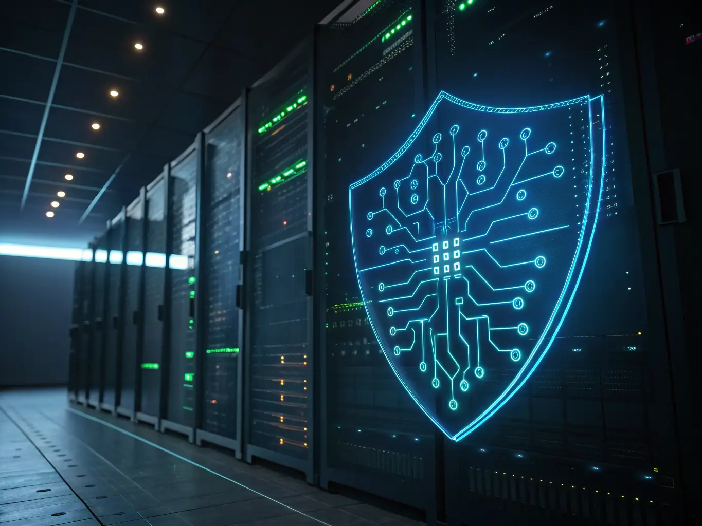 A digital illustration representing a secure network with various devices connected, symbolizing Nozhian's cybersecurity services.