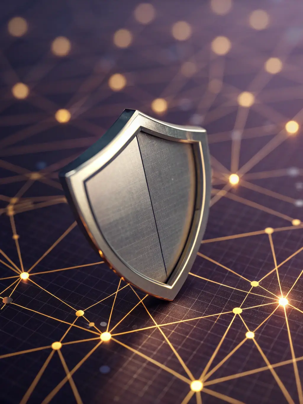 A shield icon over a network diagram, symbolizing reduced operational risk and enhanced security.