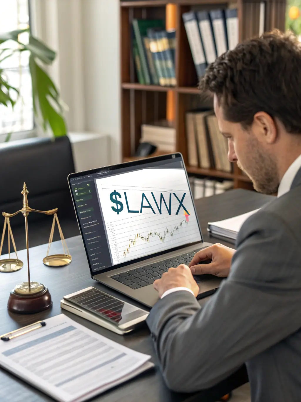 A graphic showing a multi-factor authentication process with a lawyer accessing a secure portal, representing secure access controls.