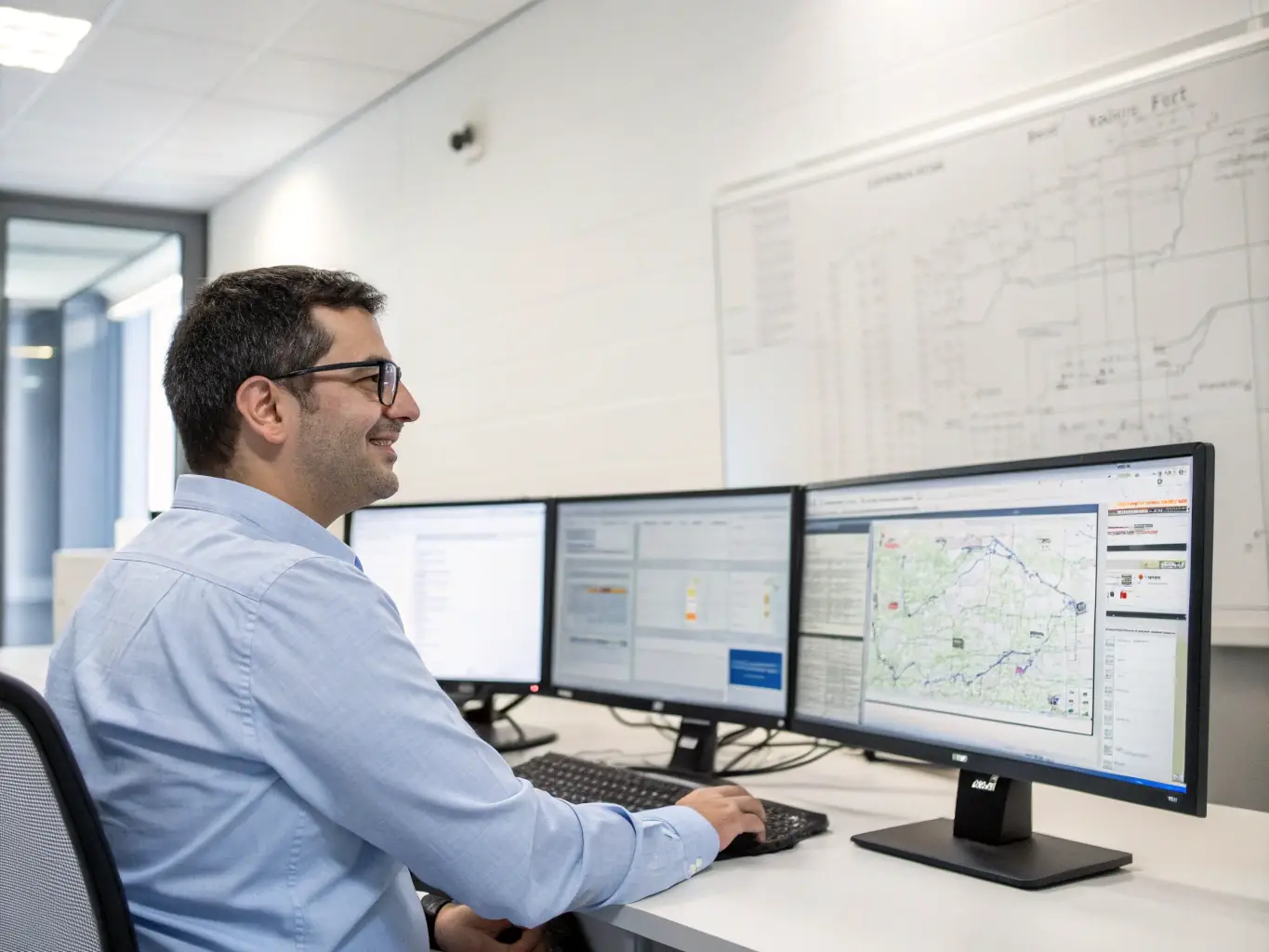 A professional IT technician remotely monitoring a network dashboard, ensuring system uptime and performance for a client's business operations.