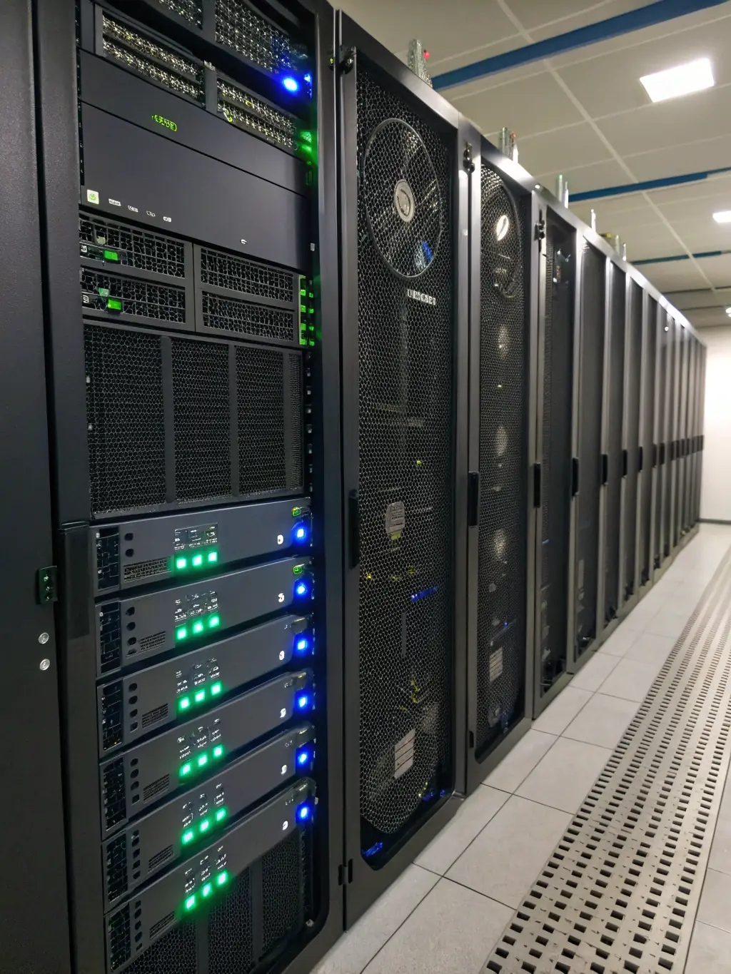 A professional-looking server room with blinking lights and well-organized cables, symbolizing reliability and advanced technology.