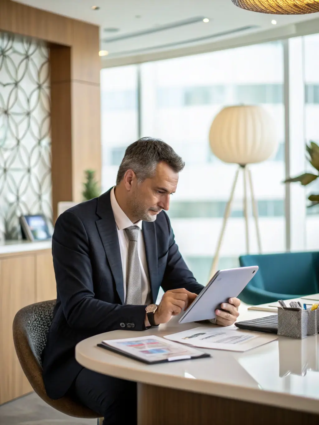 A professional business executive reviewing a detailed IT infrastructure report in a modern office setting, highlighting the importance of risk assessment.