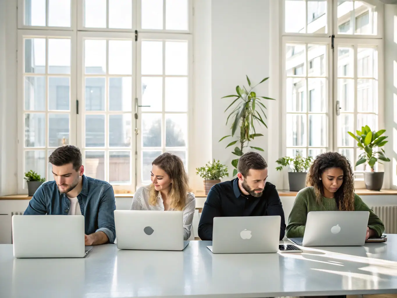 A modern office space with employees working on laptops, symbolizing growing organizations enhancing their IT capabilities.