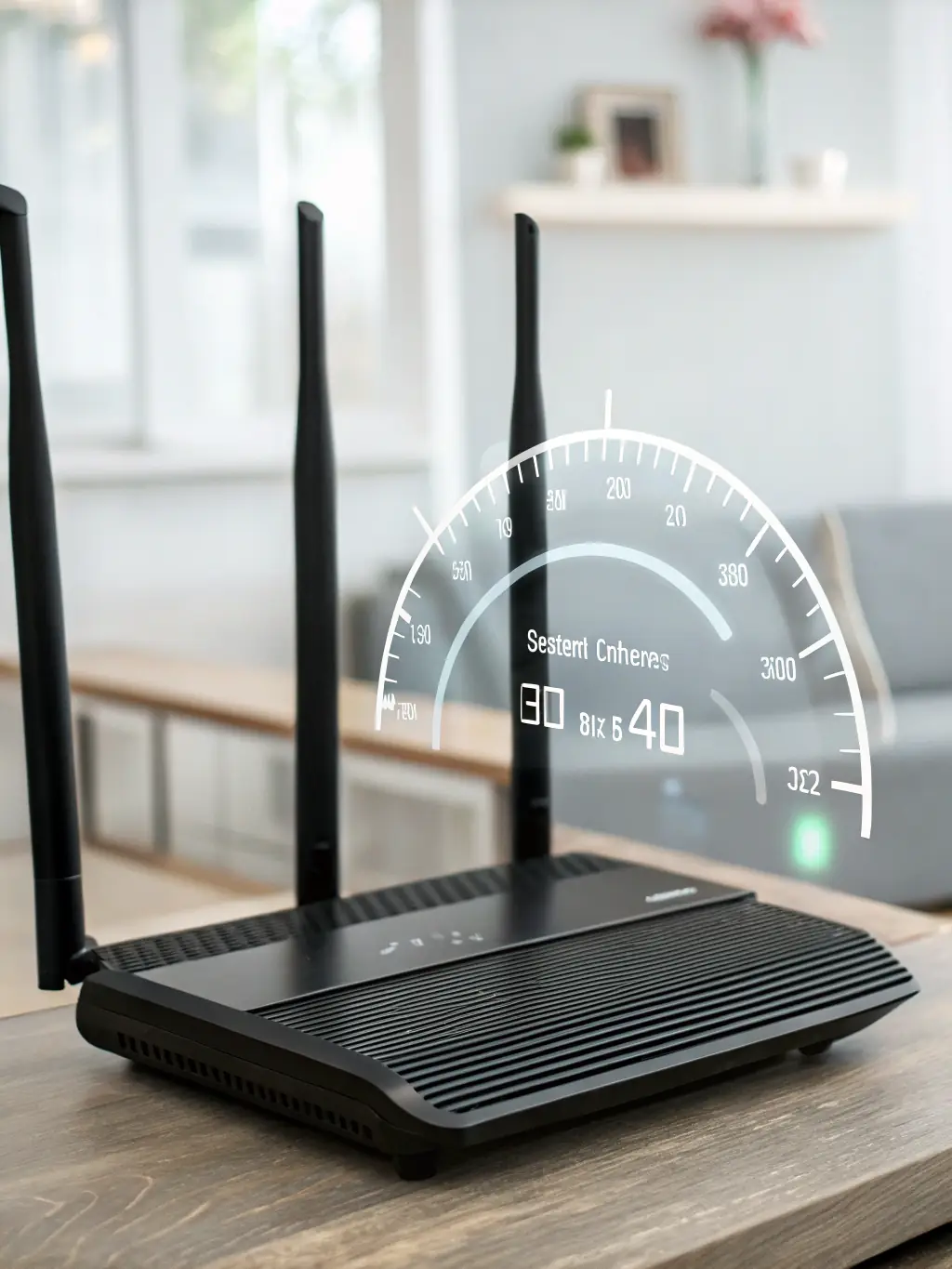 A high-end router with multiple antennas in a modern office setting, representing secure and reliable network routing services provided by Nozhian.