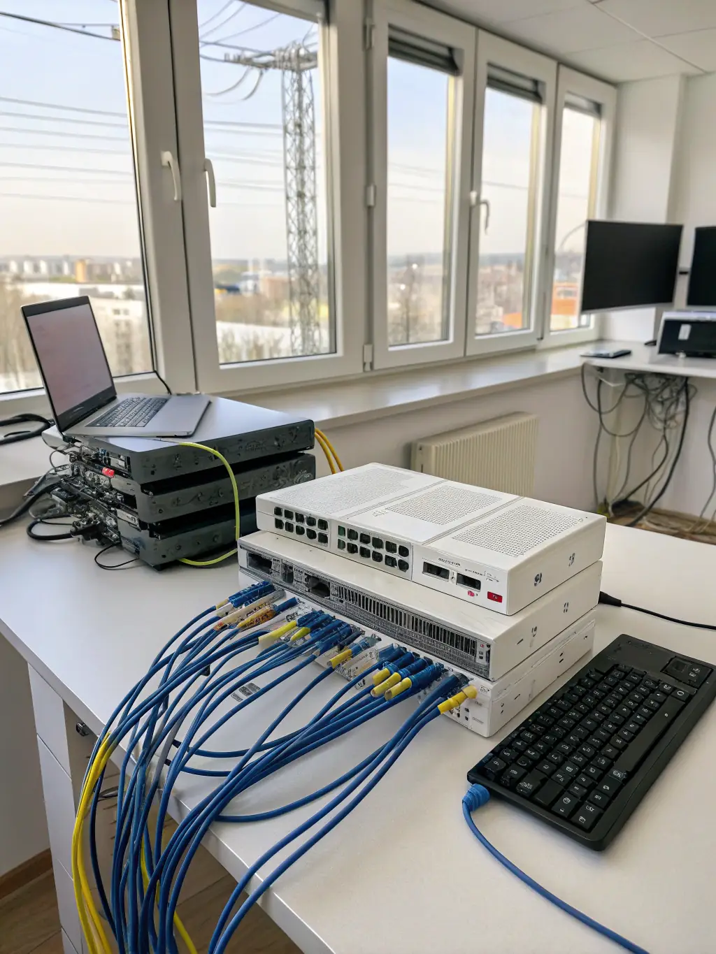 A digital illustration showing a secure network with multiple devices connected, all protected by a firewall, representing network security provided by Nozhian.