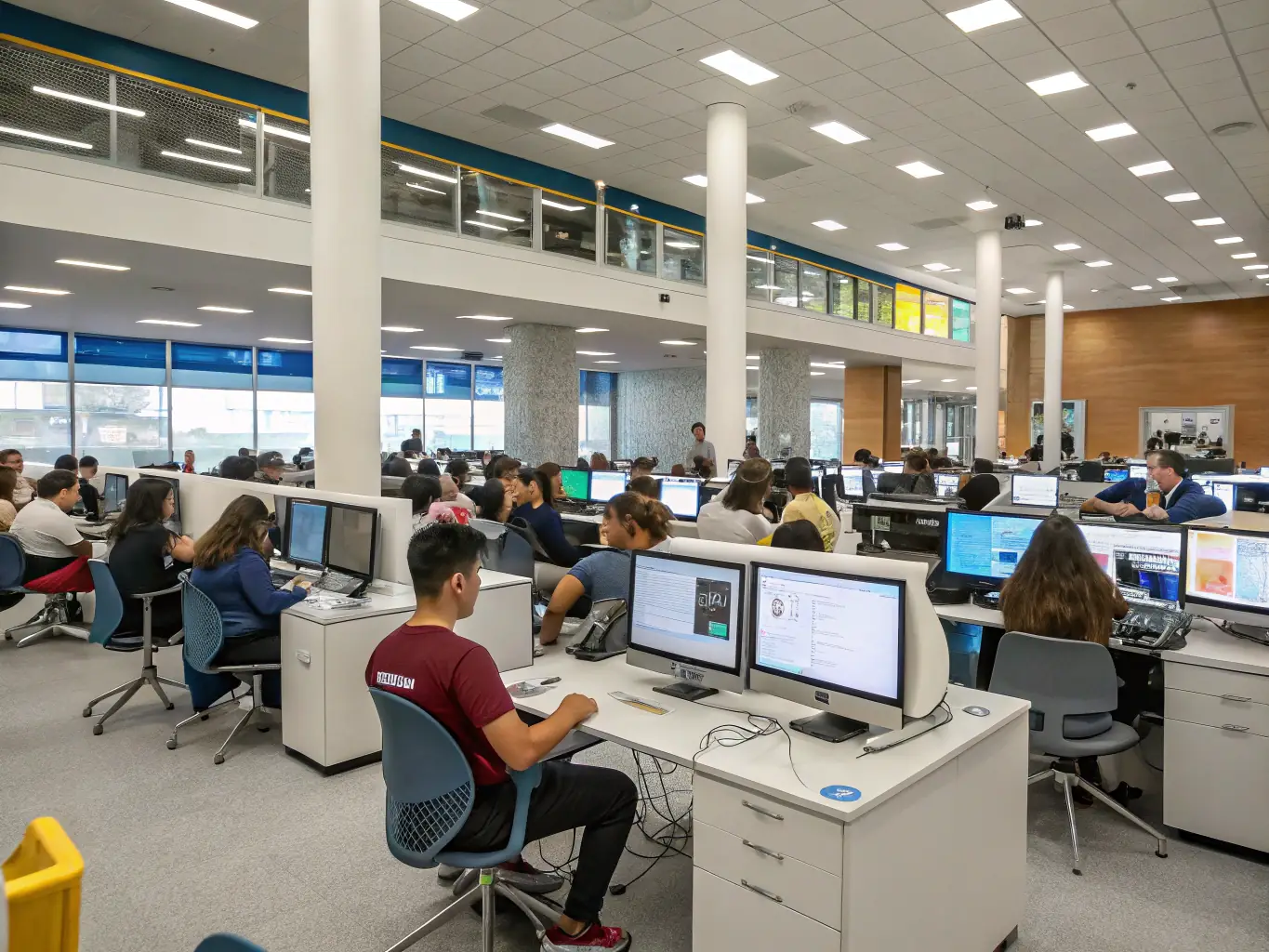 A brightly lit, modern school computer lab with students working on computers, showcasing a seamless and efficient learning environment supported by robust IT infrastructure.