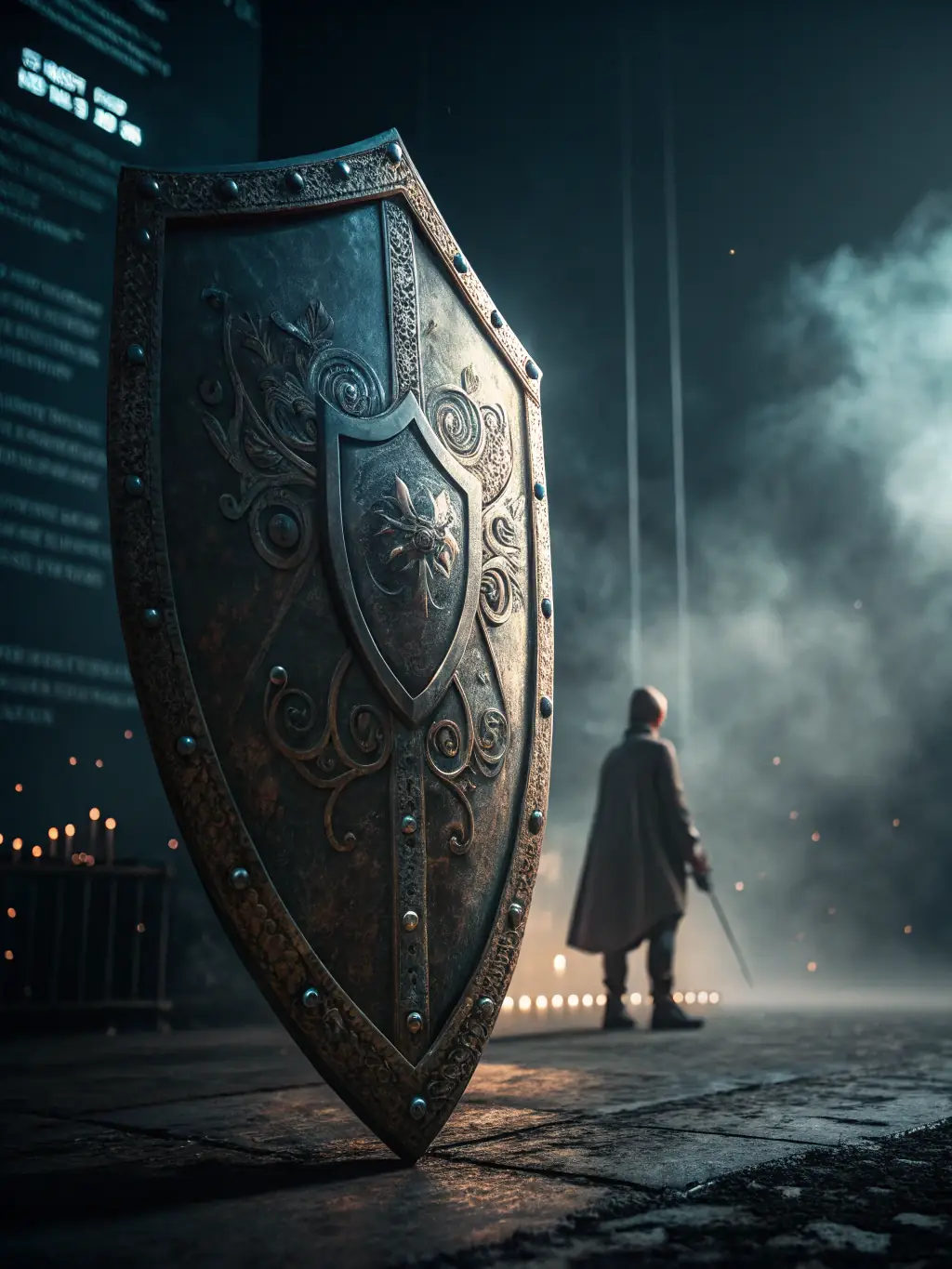 A digital illustration depicting a secure network with a shield icon overlaying legal documents, symbolizing cybersecurity protection for sensitive legal data.