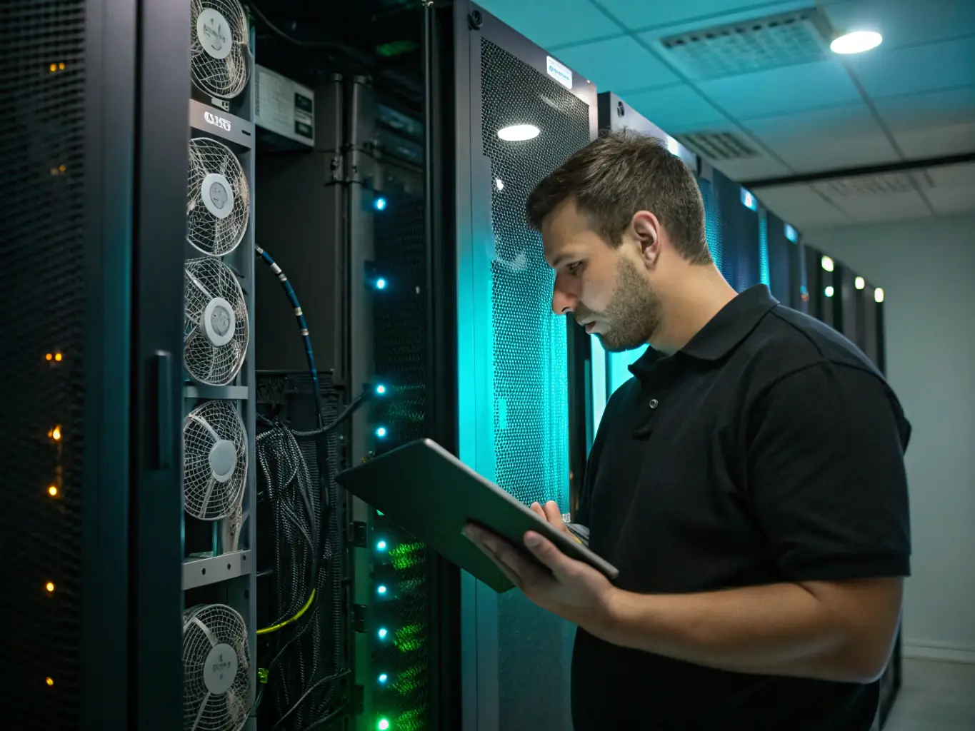 An IT technician troubleshooting a network issue in a server room, emphasizing proactive problem resolution.