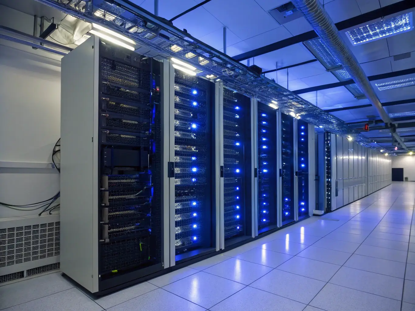 A professional photograph showcasing a secure data center environment with servers and networking equipment, symbolizing Nozhian's commitment to robust IT infrastructure and data security for retail clients.
