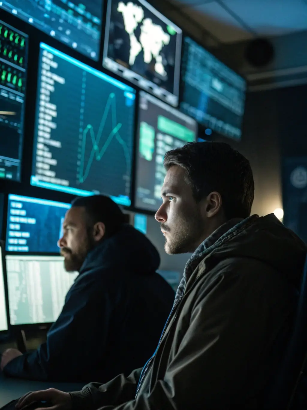 A graphic showing a 24/7 security operations center with analysts monitoring network activity, representing continuous visibility into the security landscape.