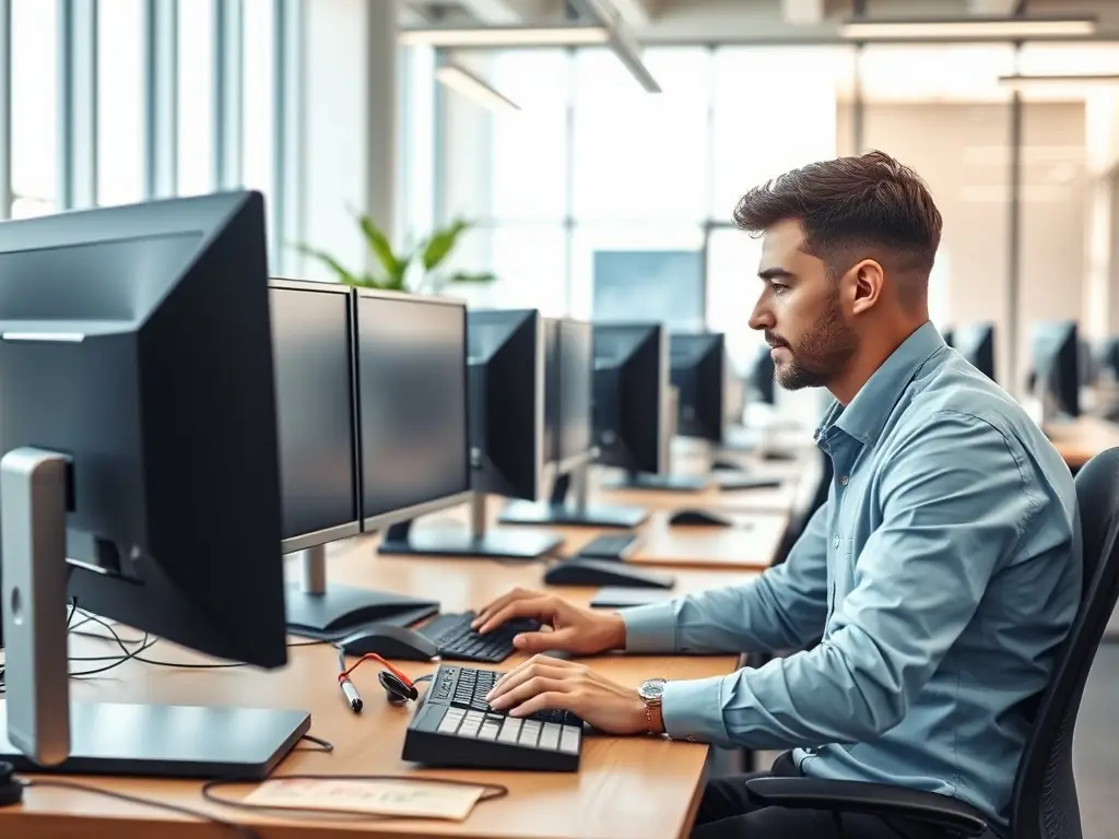 An IT specialist providing on-site support at a client's office, highlighting personalized and direct assistance.