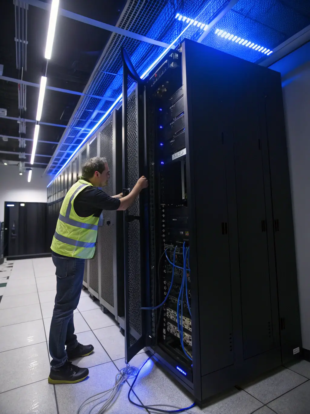 A server room with blinking lights and a technician working on a server rack, representing system implementation services by Nozhian.