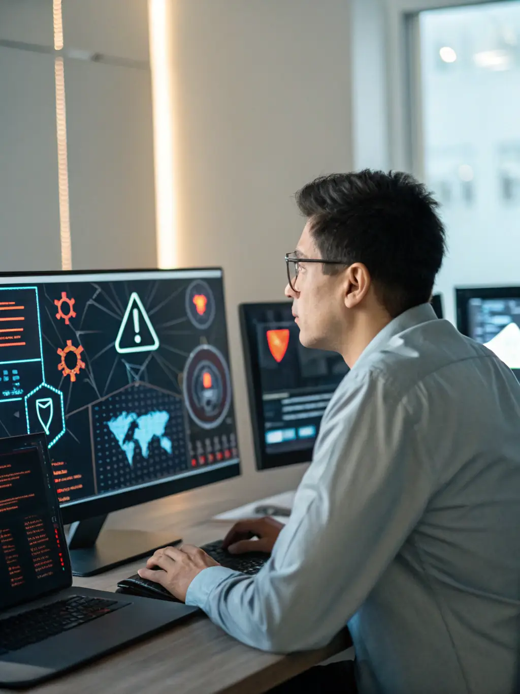 A vigilant IT specialist monitoring a network dashboard with various alerts and performance metrics, highlighting proactive issue detection.