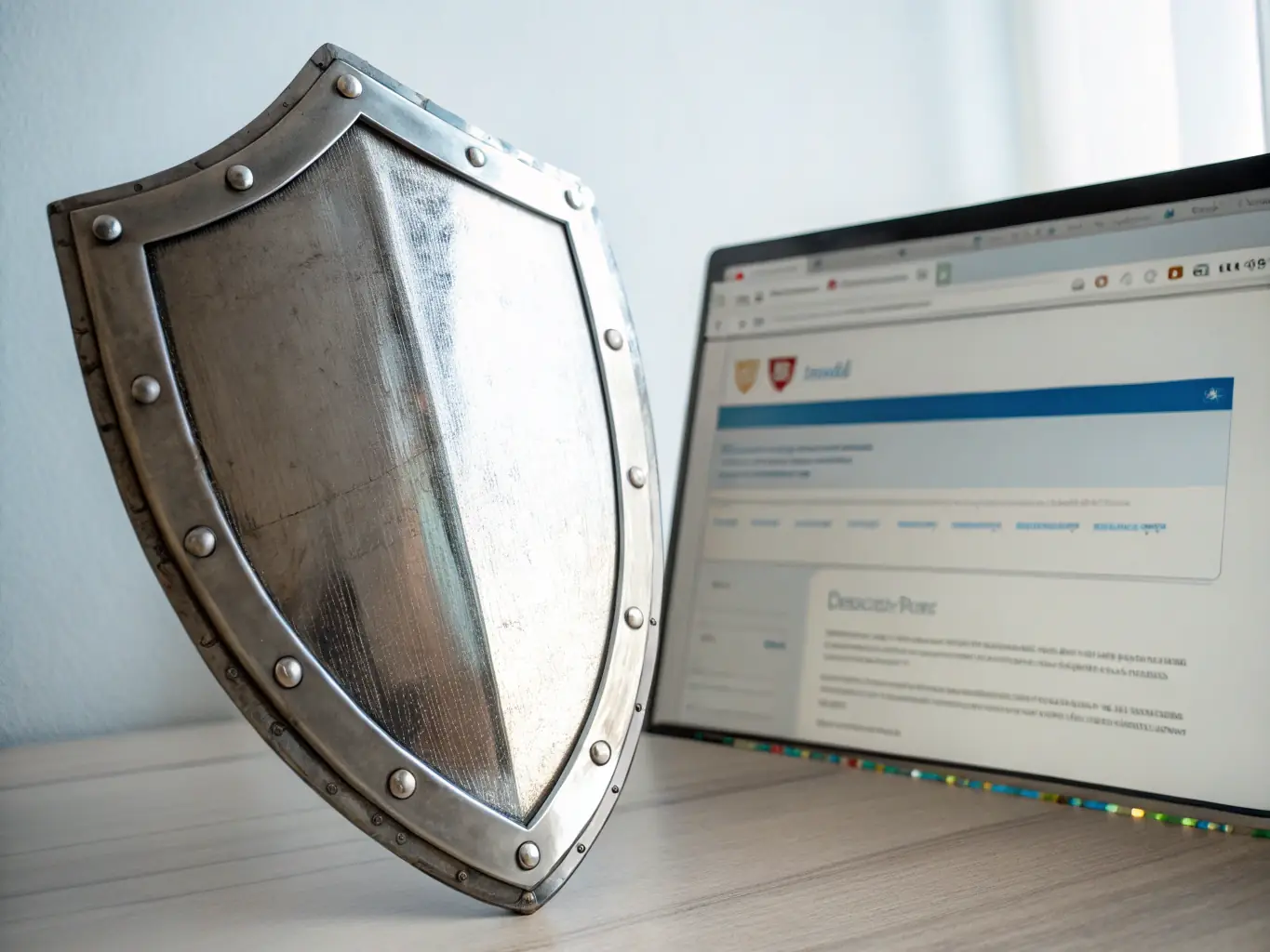 A digital illustration depicting a shield icon overlaid on a laptop displaying educational software, symbolizing cybersecurity protection for digital learning.