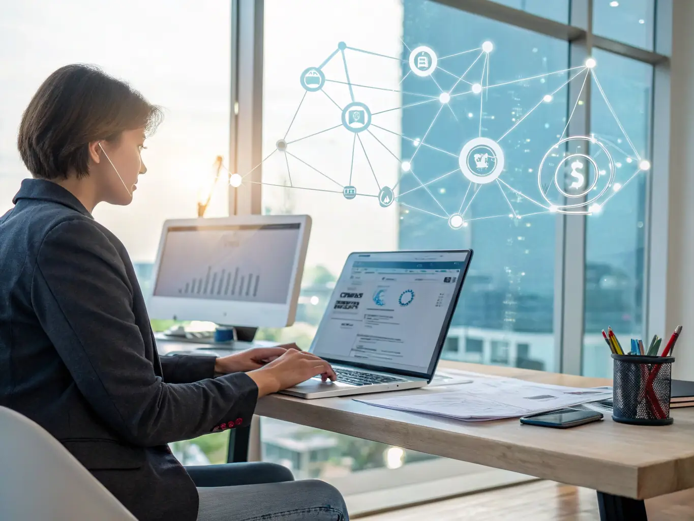 A consultant advising a business client on IT strategy, highlighting Nozhian's expertise in providing tailored IT solutions.